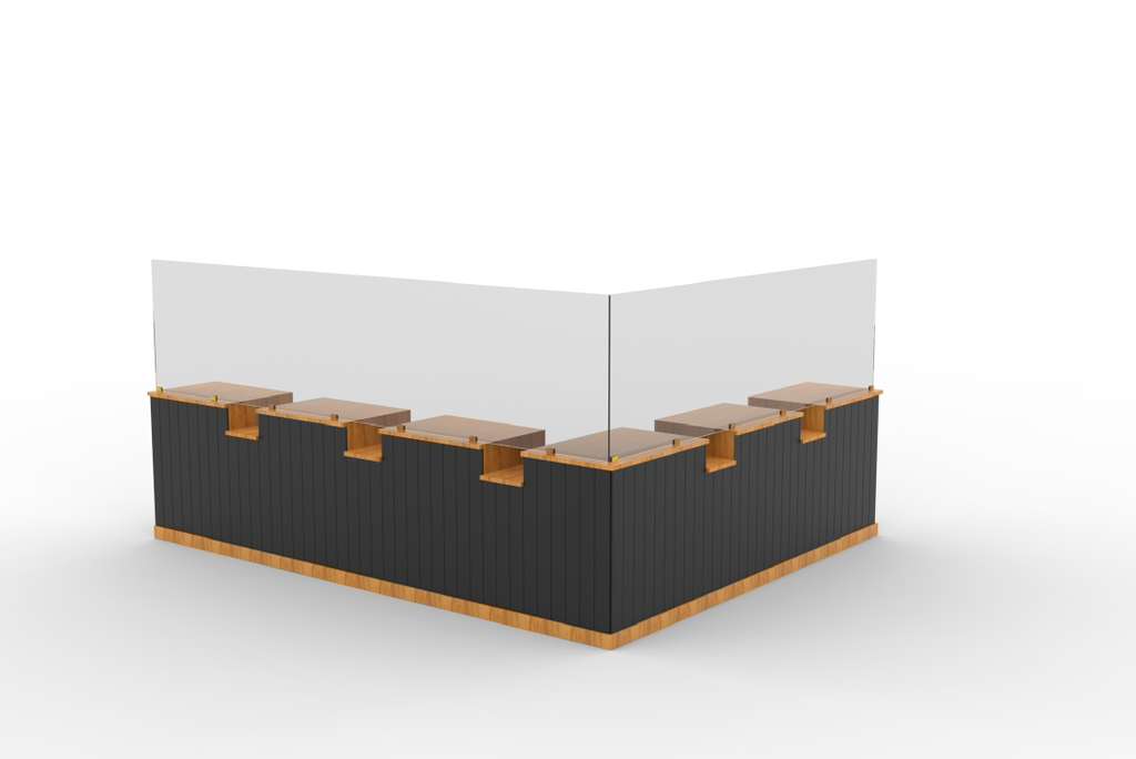 3D render of corner counter with dark slats and wood trim